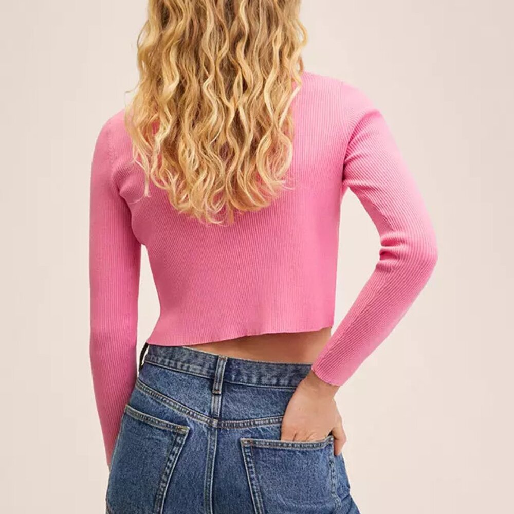 Pink Ribbed Cropped Cardigan - Picture 7 of 8